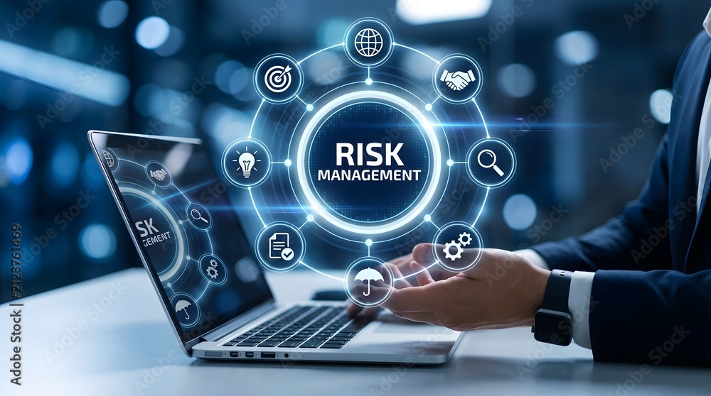 Obraz premium Businessman interacting with digital risk management dashboard and circular icons on laptop screen.