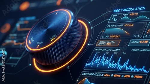 Audio interface control knob glows with amber light while surrounded by complex digital modulation parameters and waveform frequency visualizers for professional music production software.