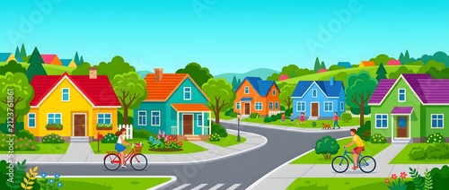 Cartoon suburban neighborhood with houses and people cycling outdoors