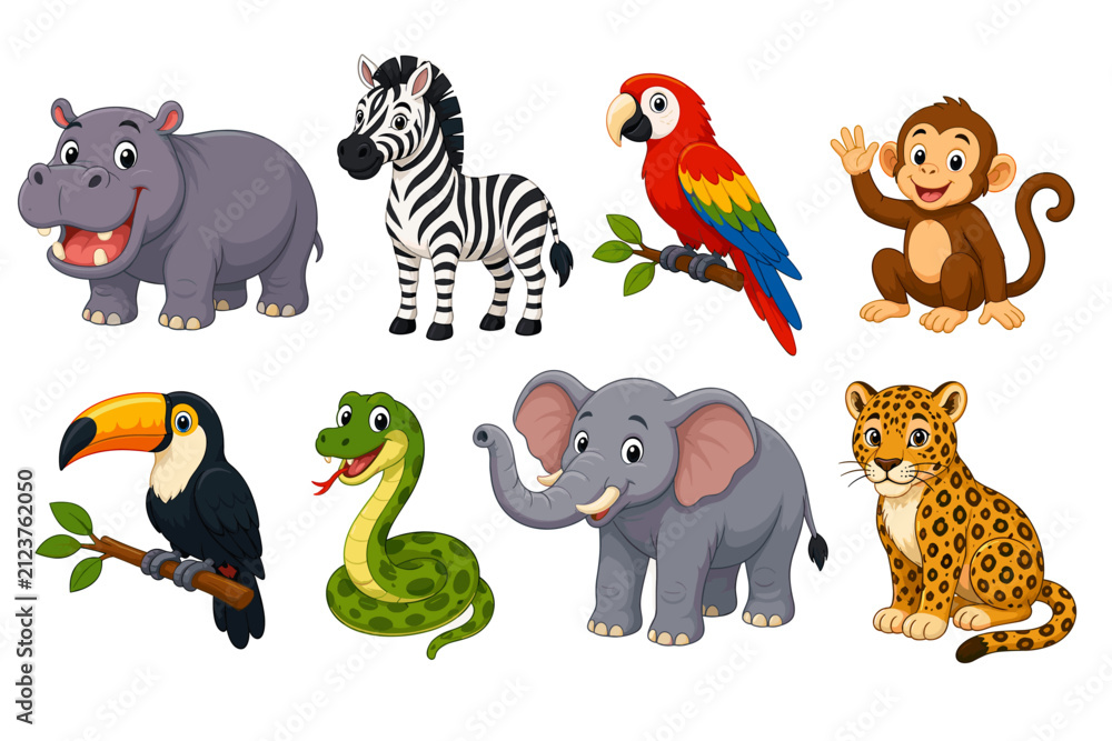 Fototapeta premium Cute cartoon wild animals set with birds and safari mammals