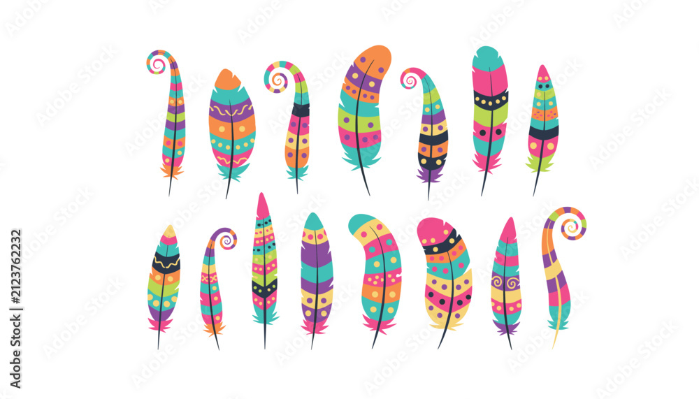 Obraz premium Beautiful selection of highly decorated tribal feathers showcases bright colors, intricate geometric patterns, and curls.