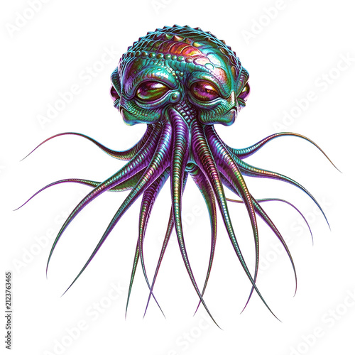 Alien creature with multiple eyes and tentacles iridescent rendering