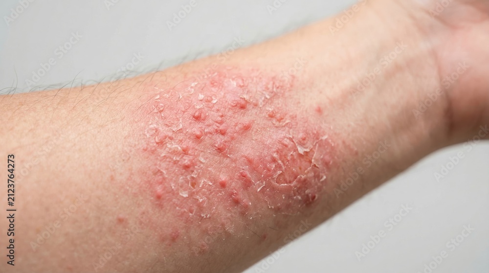 Fototapeta premium Man arm with red flaky skin rash. Close up of dermatitis, eczema or psoriasis skin irritation. Medical dermatological condition, allergy symptom and skin disease healthcare concept.