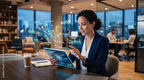 Smiling businesswoman using AI powered analytics tablet with predictive insights and neural network graphics, illustrating artificial intelligence and machine learning in a modern