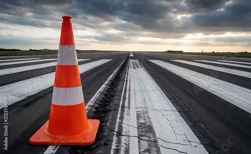 Orange construction cone standing near repaired airport runway markings
