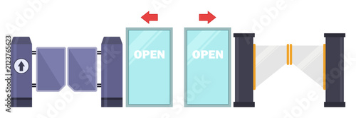 Security turnstile and access gate barrier Flat illustration set