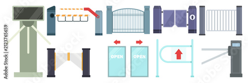 Security turnstile and access gate barrier Flat illustration set