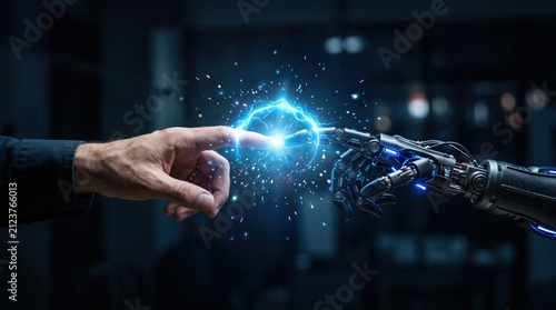 Conceptual image of human hand touching robotic mechanical finger with electric spark connection, symbolizing artificial intelligence, cyborg technology, and future innovation.