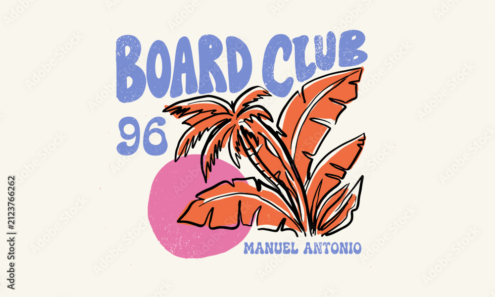 Obraz premium Vintage Board Club 96 tropical surf graphic with palm trees and sun for tshirt design