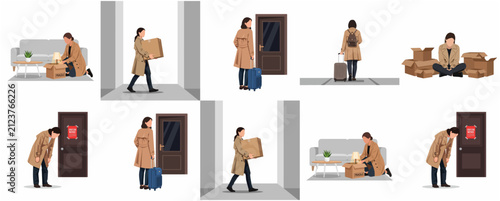 Eviction and foreclosure concept illustration set featuring a woman packing belongings, leaving home, and facing financial crisis in flat vector style.