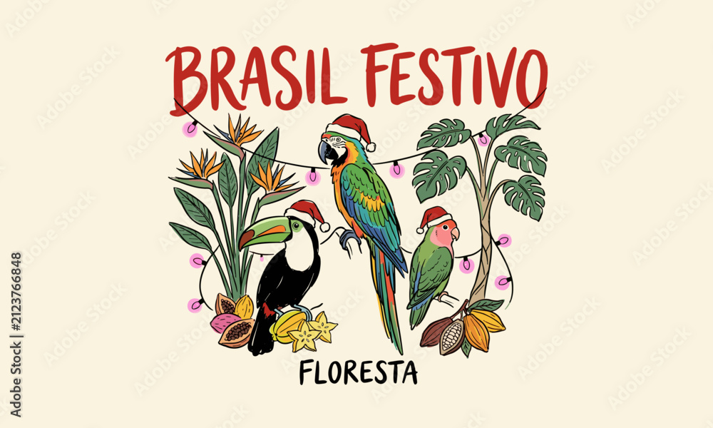 Obraz premium Brasil Festivo Floresta artwork featuring exotic birds wearing Santa hats and tropical plants.