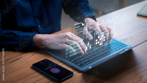 Audit trail activity monitoring and compliance workflow tracking concept. Person typing on laptop with virtual audit timeline, checklist documents and schedule interface.