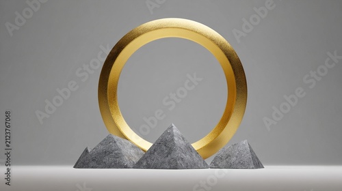 topdown. Large golden circle hovering above small grey shapes, symbolic composition. event programs, museum guides, designed for cultural heritage projects and event programs, used by hr managers.