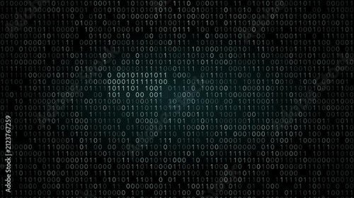 Dynamic glitch effect featuring binary code with a dark background, glowing accents in teal and green, and flickering blocks creating a tech-inspired visual experience perfect for modern digital