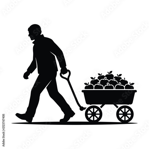 Man pulling cart filled with apples silhouette