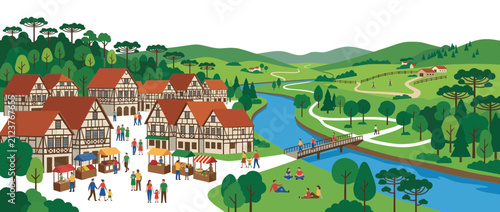 Foto Charming European Village Market Scene with River and Rolling Countryside
