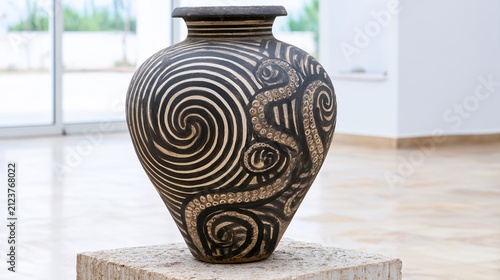 amphora. A restored ceramic amphora on a stone pedestal, painted with intricate spiral and octopus tentacle patterns. event programs.