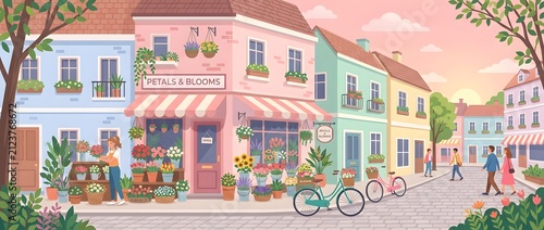 Charming street scene with flower shop and people walking