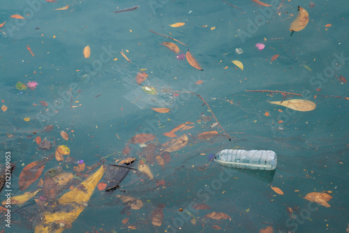 plastic bottle and floating debris polluting body of water, plastic waste, environmental contamination, water pollution, aquatic ecosystems, concept of sustainability, conservation