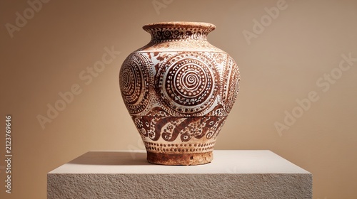amphora. A restored ceramic amphora on a stone pedestal, painted with intricate spiral and octopus tentacle patterns. event programs.