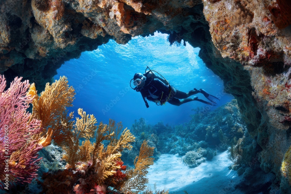 Obraz premium Diver exploring vibrant coral reef inside underwater cave at tropical destination