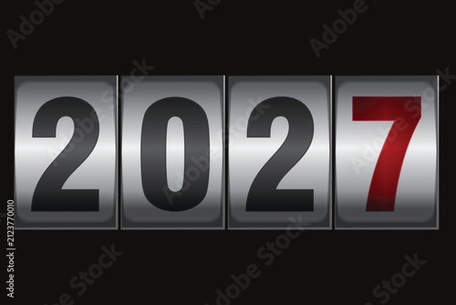Vector illustration of a mechanical counter display showing the year 2027. Metallic score wheels with bold black and red digits stand out against a dark background.