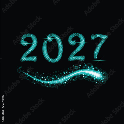 Vector illustration of 2027 formed by turquoise sparkling dots. A glowing stardust comet trail and bright twinkling stars enhance the festive design on a dark background.