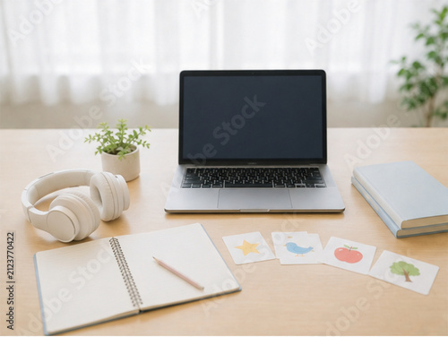 Fototapeta 英会話教室,オンライン英会話,英会話,英語学習,英語教育,語学学習,英会話レッスン,マンツーマンレッスン,グループレッスン,ネイティブ講師,外国人講師,日本人講師,オンライン授業,リモートレッスン,eラーニング,ビデオ通話,パソコン,タブレット,ヘッドセット,Zoom,学習,勉強,留学,TOEIC,英検,ビジネス英語,日常英会話,キッズ英会話,子ども,社会人,学生,日本人女性,日本人男性,講師,先