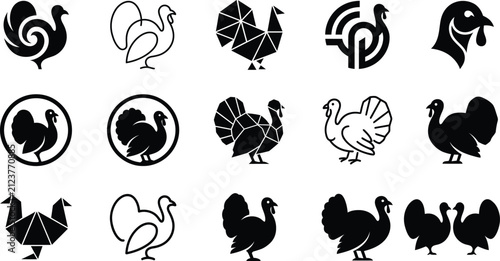 A collection of fifteen black silhouette featuring turkeys, including geometric, minimalist, and traditional styles, isolated on a white background, for thanksgiving and, holiday projects