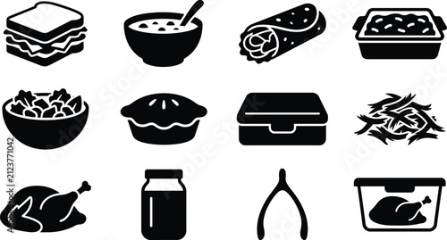 Set of black silhouette featuring thanksgiving dinner including sandwiches, soup, wraps, casseroles, salad, pie, and roasted turkey, isolated on a white background