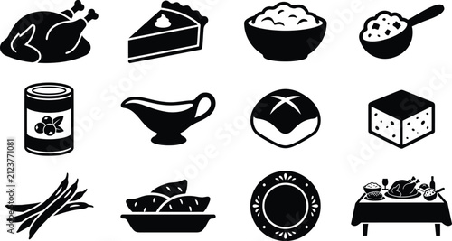 Thanksgiving dinner featuring roasted turkey, pie, side dishes, and table settings, rendered as black silhouettes on a white background, for holiday menu, and culinary