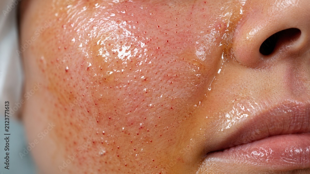 Naklejka premium Close up of human face with oily skin and dark open pores on cheek and upper lip area