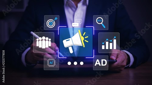 Marketing strategy and digital advertising concept. businessman using tablet with icons of SEO, AI, targeting, and analytics for optimizing campaign performance and increasing customer engagement