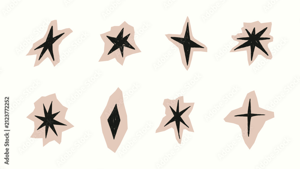 Obraz premium Hand drawn crayon stars in beige paper. Cute sparkle icons for kids party designs, Christmas cards, scrapbooking, birthday backgrounds, festive sticker collections. Doodle isolated vector illustration