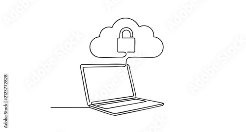 Continuous Single Line Drawing of Laptop Computer Connected to Cloud Storage Symbol with Secured Padlock Icon for Digital Privacy and Cyber Protection
