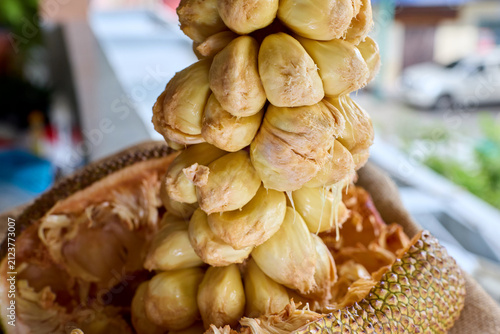 Cut Open Chempedak Showing Yellow Fruit Segments 
