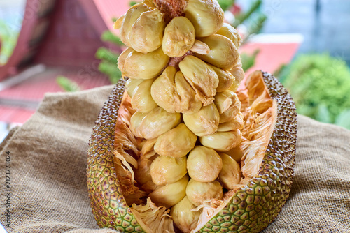 Cut Open Chempedak Showing Yellow Fruit Segments 