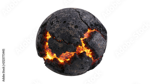 Canvastavla Cracked volcanic rock sphere with glowing lava inside, isolated on transparent b