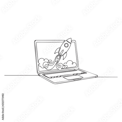 Continuous Single Line Drawing of Laptop Computer with Rocket Launching from Screen Symbolizing Business Growth Startup Launch and Digital Innovation