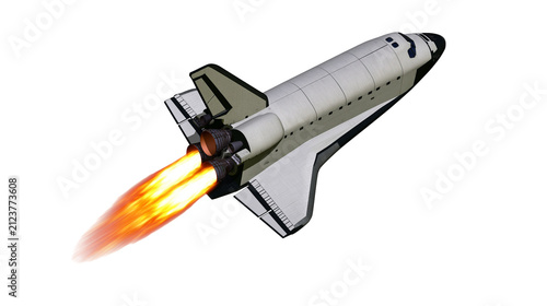 Space shuttle launching with bright orange flames, isolated on transparent background