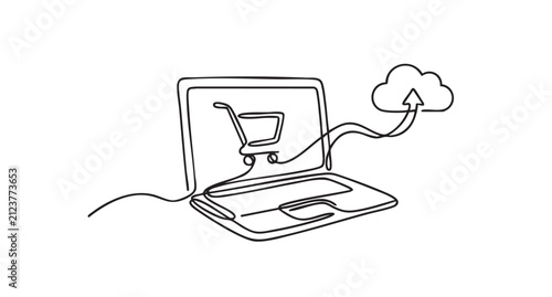 Continuous Single Line Drawing of Laptop Computer with Shopping Cart Icon and Uploading Data Cloud Symbol for E Commerce and Digital Retail Business
