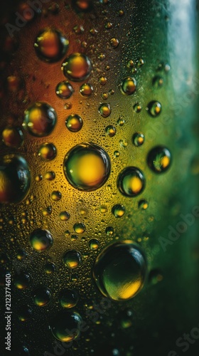 Water drop on colorful glass surface. Condensation creates vibrant, textured background with gradient hues of green, yellow, and orange light refraction
