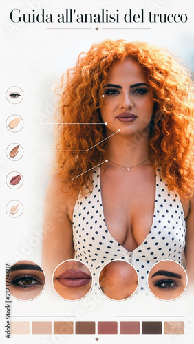 Beauty makeup analysis infographic with red haired woman cosmetic details and color palette.