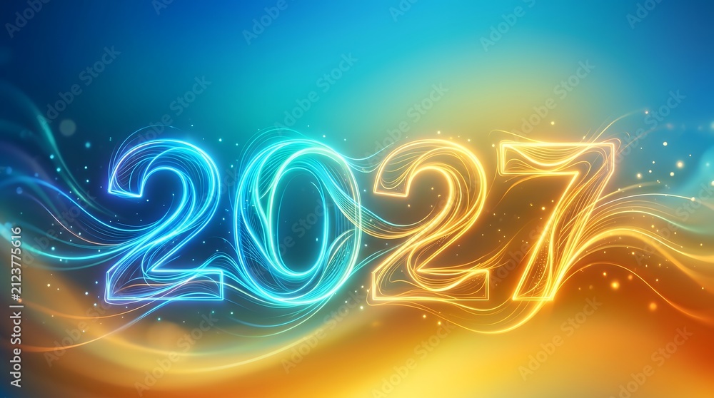 Fototapeta premium 2027 New Year glowing text background. Abstract wave lines with vibrant gradient design.