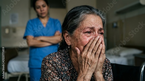 Crying senior woman in hospital. Distressed elderly patient feeling grief and sadness.
