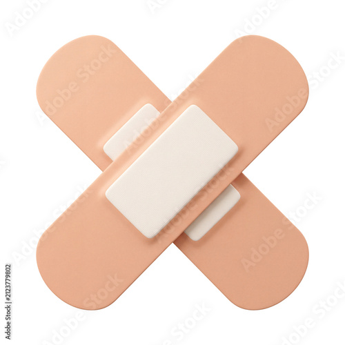 Isolated three dimensional rendering of two cross shape skin colored medical adhesive bandages with white absorbent pads for first aid protection healing on transparent background