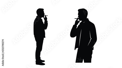 Black silhouette set of two men smoking cigarettes with rising wisps of white abstract smoke