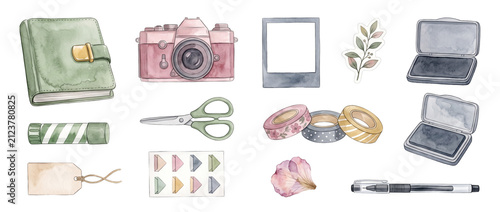Vintage scrapbook stationery watercolor clipart set with camera and journal for crafting, DIY memory booking, journaling elements, craft supplies illustrations isolated on black background.