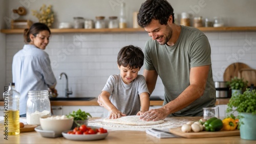Happy family preparing healthy homemade meal together in sunlit kitchen while father and young son knead pizza dough at wooden table