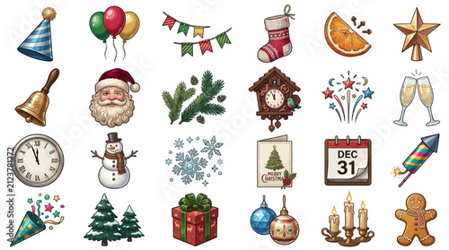 Vintage Christmas icons set, 24 holiday vector elements, New Year celebration graphics